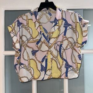 Forever 21 Womens Multicolor Roll Sleeve Button Front Cropped Blouse Top Sz XS
